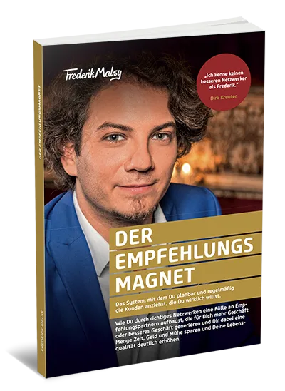 Der Empfehlungsmagnet Buch-Cover mit Frederik Malsy, goldener Schrift und rotem Siegel