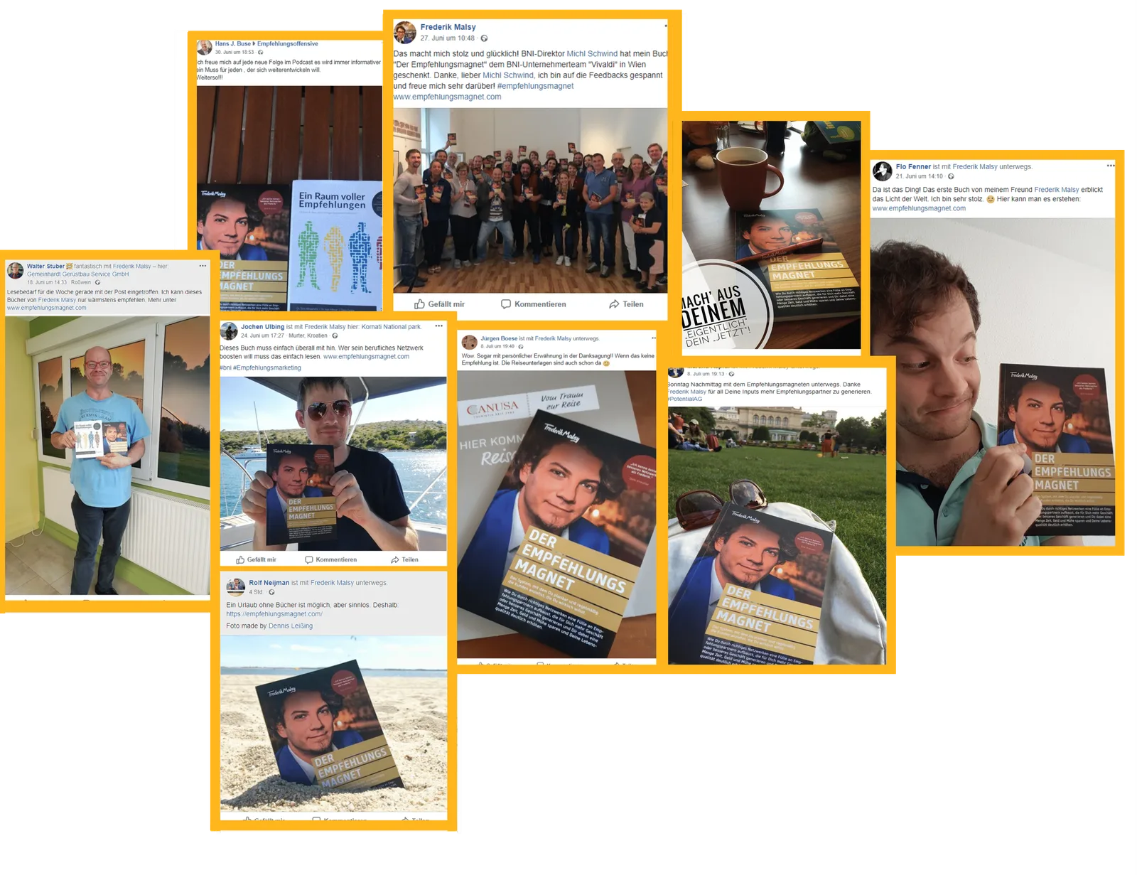 Collage von Social-Media-Posts mit Kundenfotos, die das Buch Der Empfehlungsmagnet halten
