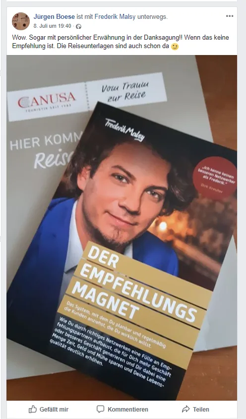 Facebook-Post von Jürgen Boese mit Bild des Empfehlungsmagnet-Covers von Frederik Malsy