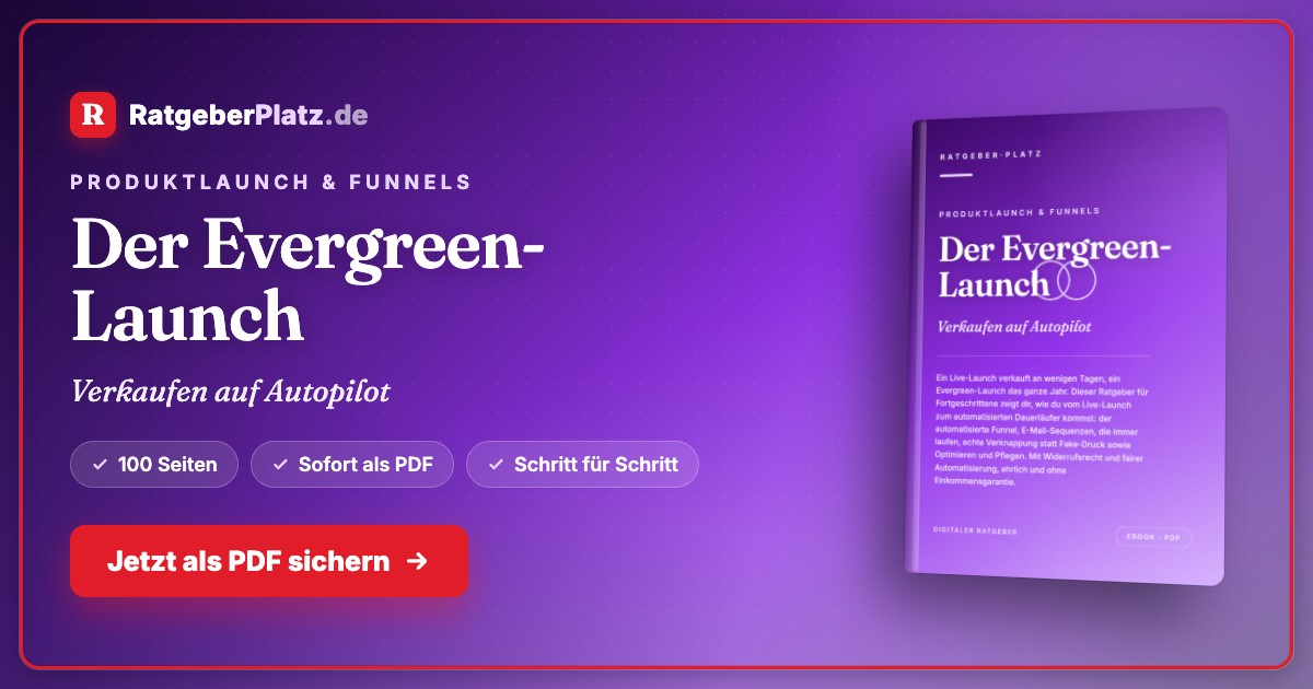 Hero-Banner zum Evergreen-Launch mit Ratgeberplatz-Logo, Buchtitel und CTA-Button
