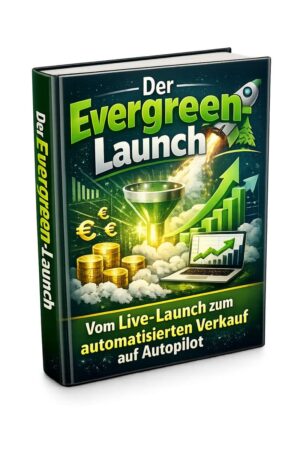 Buch-Mockup Der Evergreen-Launch mit grünem Design, Rakete und Wachstumschart