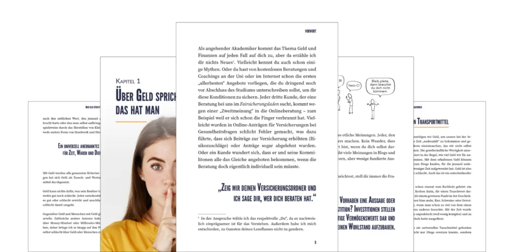 Aufgeschlagenes Buch zeigt Kapitel 1 mit Überschrift und Portrait einer Frau in gelbem Pullover, Seiten mit Text und Grafiken