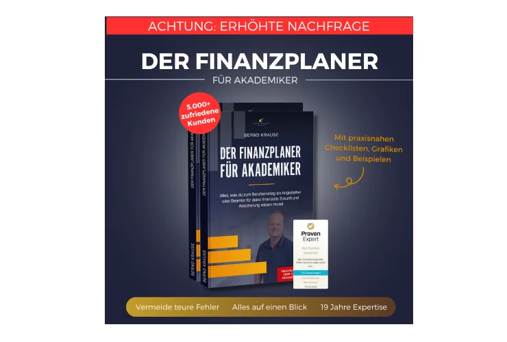 Verkaufsbanner für Der Finanzplaner für Akademiker mit Buchstapel und erhöhte Nachfrage-Hinweis