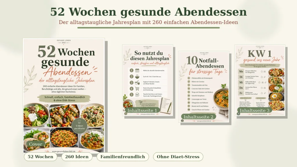 Buchcover und Inhaltsseiten des Gesunder Abendessen-Jahresplans von Sabine Boos