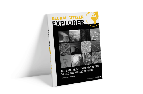 Global Citizen Explorer Buch-Cover mit Fotogrid zum Thema Versorgungssicherheit auf weißem Untergrund
