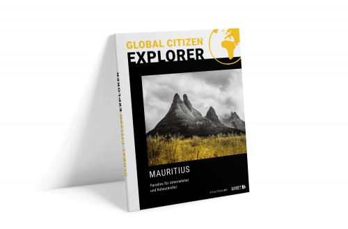 Der Global Citizen Explorer – Steuer- und Auswanderer-Magazin 1 Global Citizen Explorer Buch-Cover Mauritius mit Berglandschaft und gelbem Hintergrund