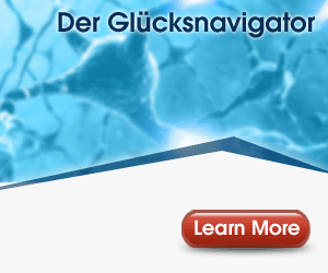 Banner Der Glücksnavigator mit Learn More Button, blauer Nervenzellen-Hintergrund