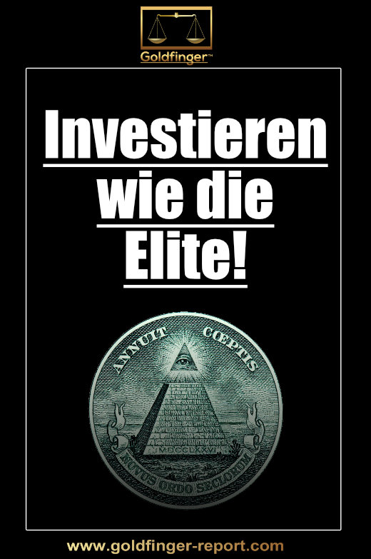 Flache Illustration mit Goldfinger-Logo, weißem Text auf schwarzem Hintergrund und All-Seeing-Eye-Symbol