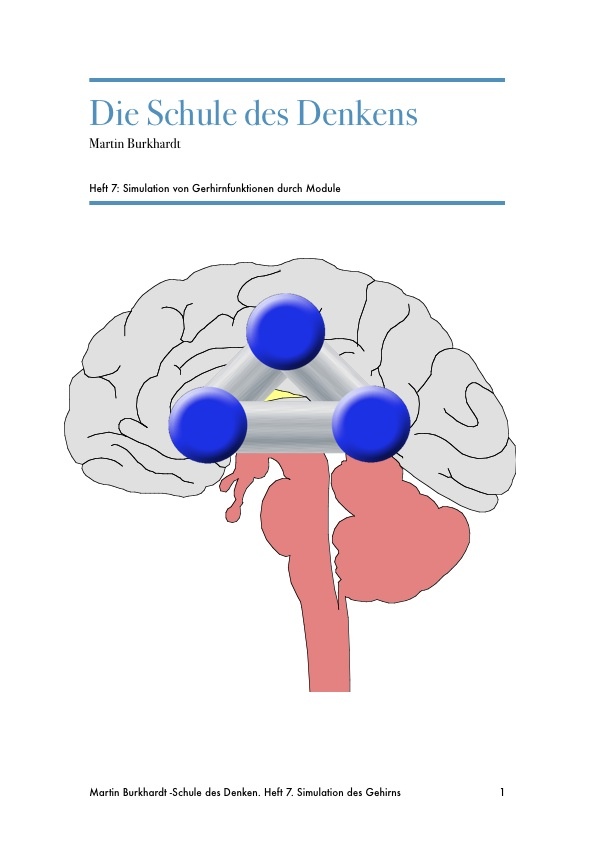 Titelseite "Die Schule des Denkens Heft 7 - Simulation von Gehirnfunktionen durch Module" mit Gehirnillustration