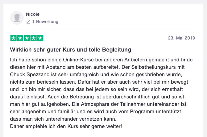 Kundenbewertung von Nicole mit 5 Sternen für den Selbstheilungs-Kurs