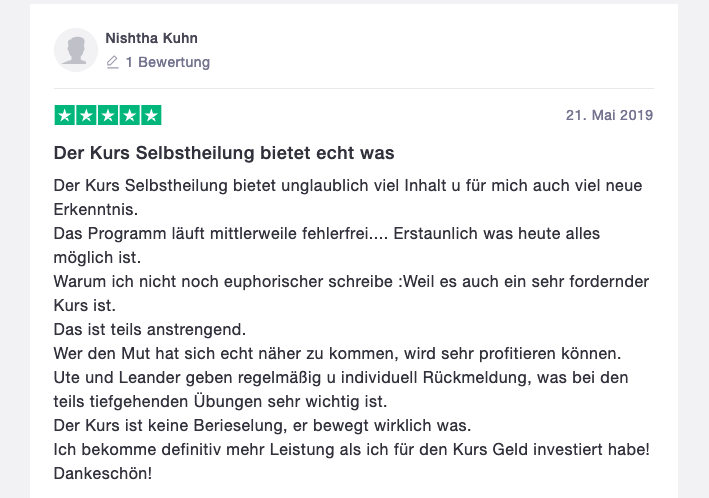 Kundenbewertung von Nishtha Kuhn mit 5 Sternen für den Selbstheilungs-Kurs