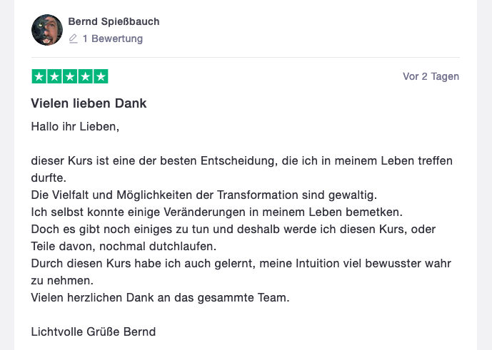 Kundenbewertung von Bernd Spießbauch mit 5 Sternen für den Selbstheilungs-Kurs