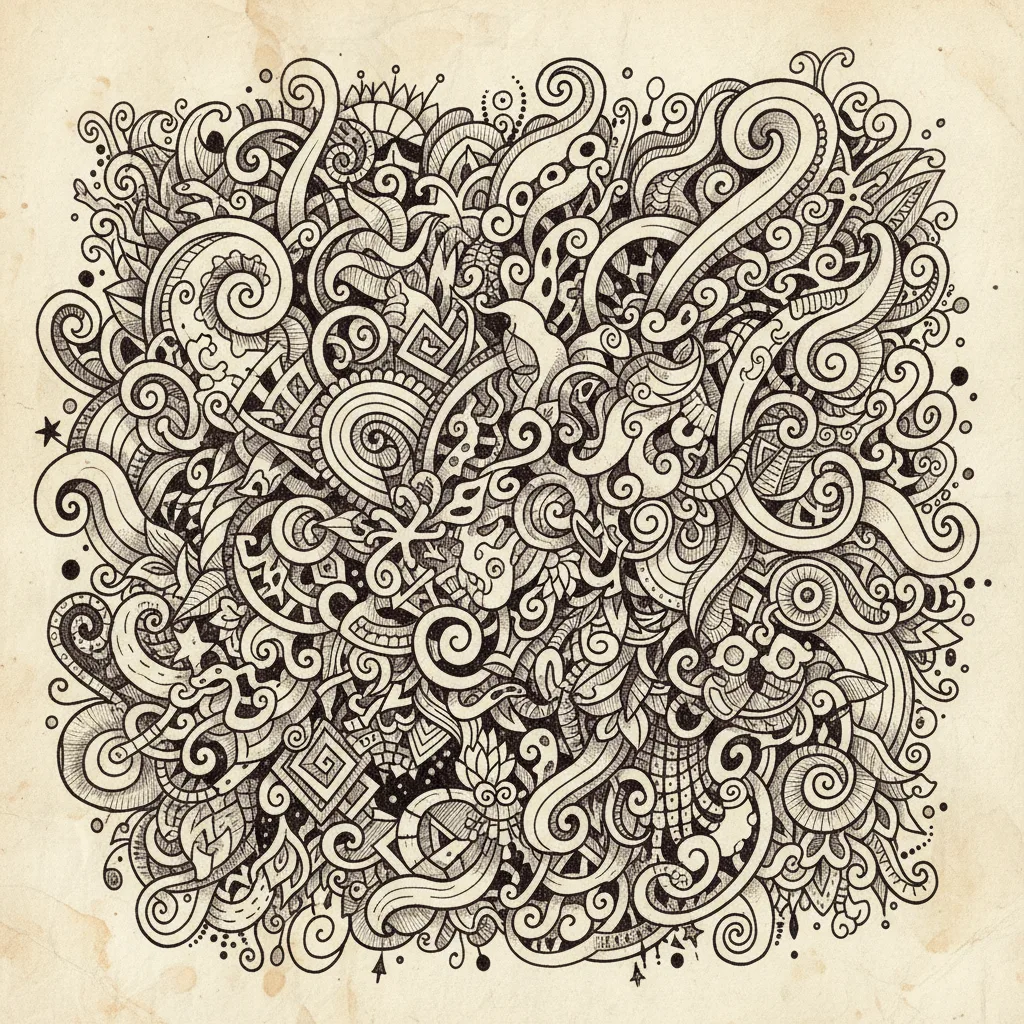 Schwarzweiße Doodle-Zeichnung mit verschlungenen Spiralen, Ornamenten und abstrakten Mustern