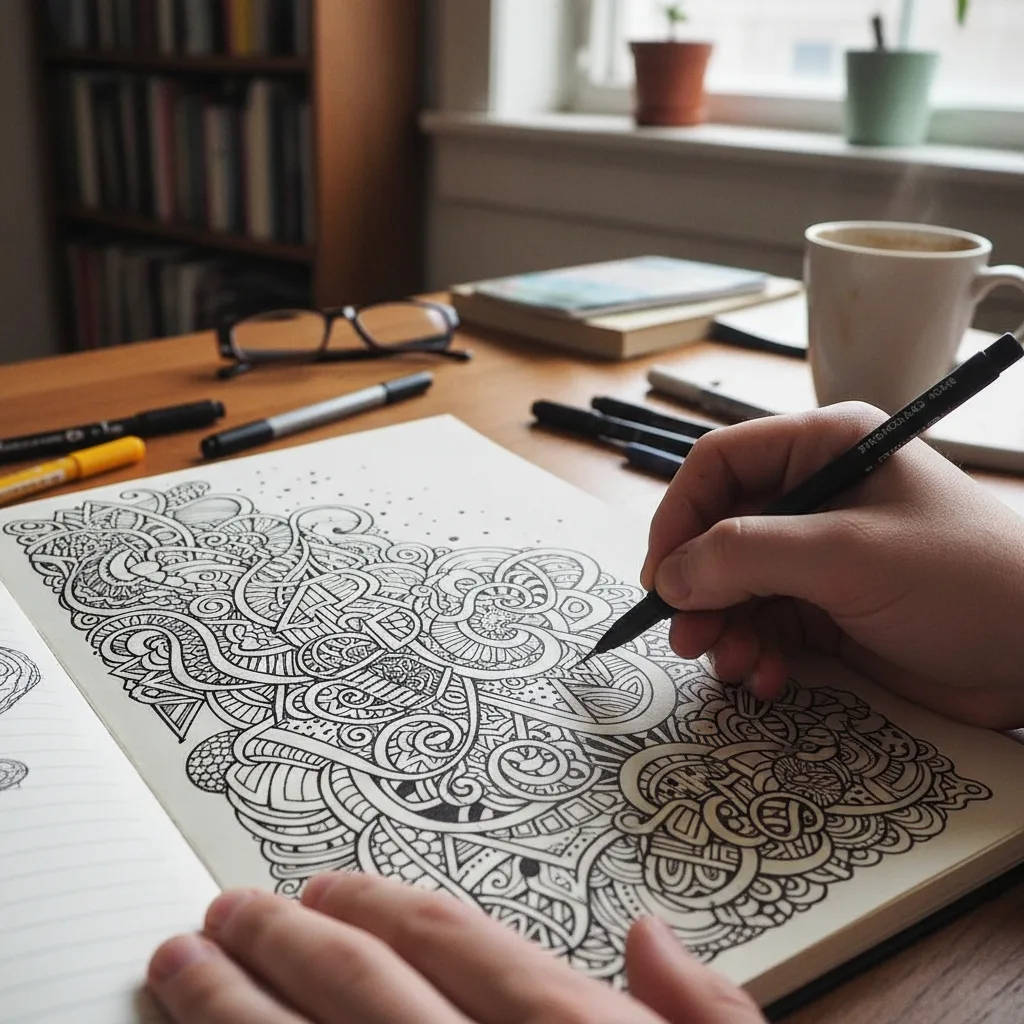 Hand beim Zeichnen einer schwarzen Doodle-Zeichnung mit Fineliner auf weißem Papier an Schreibtisch mit Kaffeetasse