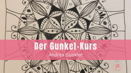 Kurscover mit schwarzweißem Doodle-Mandala oben, pinkem Balken mit Kurstiteln und Autorenname