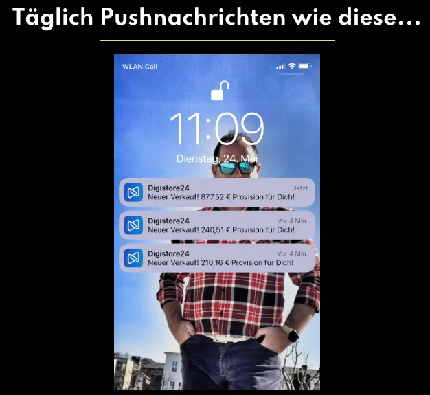 Smartphone-Screenshot mit Push-Benachrichtigungen von Digistore24 zu Verkaufsinformationen
