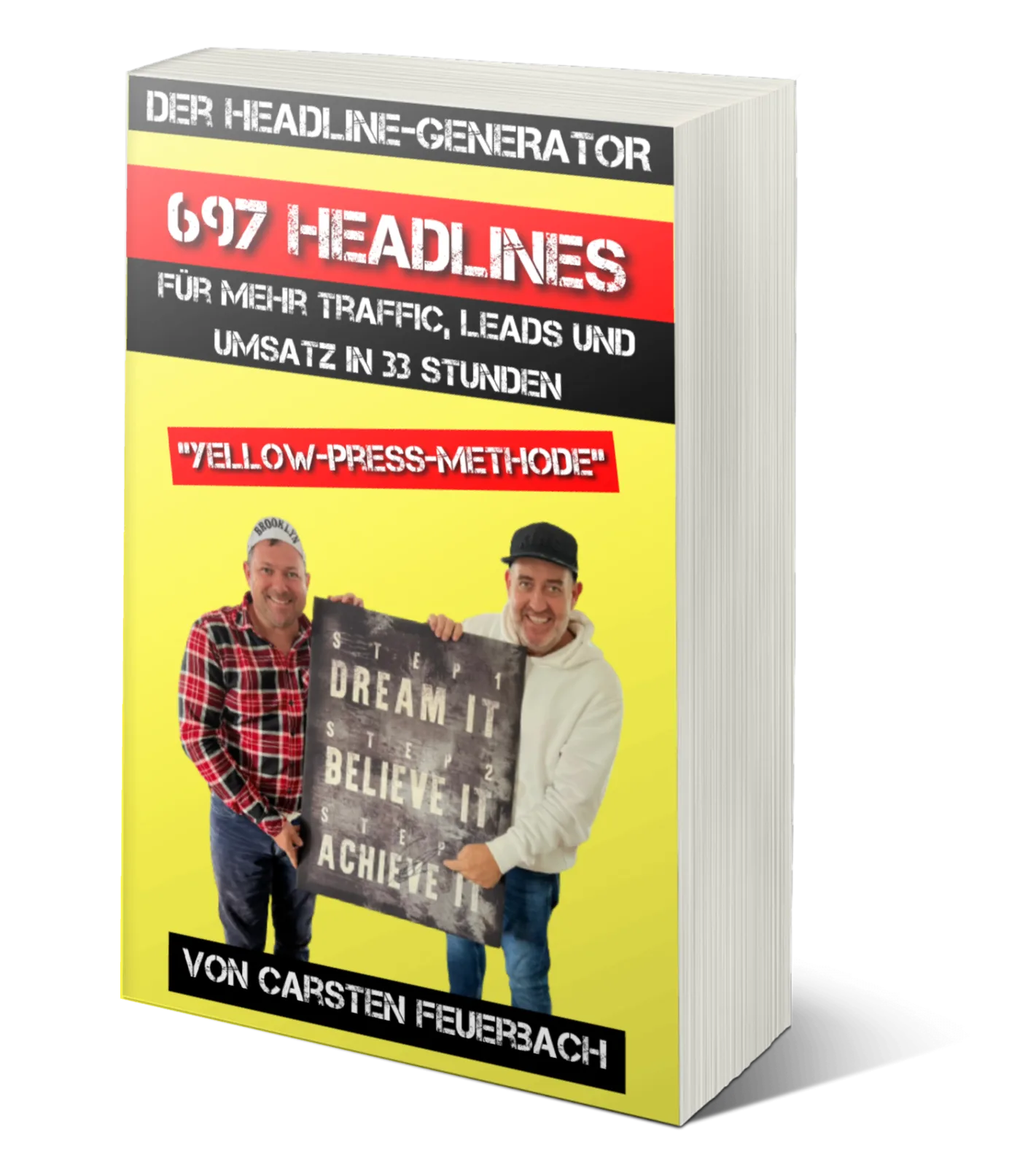 Buchcover Der Headline Generator mit 697 Headlines und Yellow-Press-Methode, zwei Männer halten Schriftzug