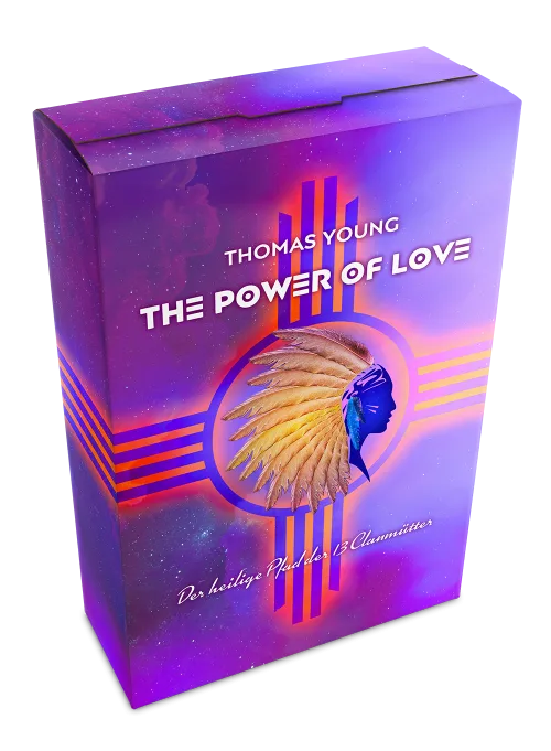 The Power of Love Produktbox – 3D-Boxmockup mit indigenem Design und neonviolettem Hintergrund