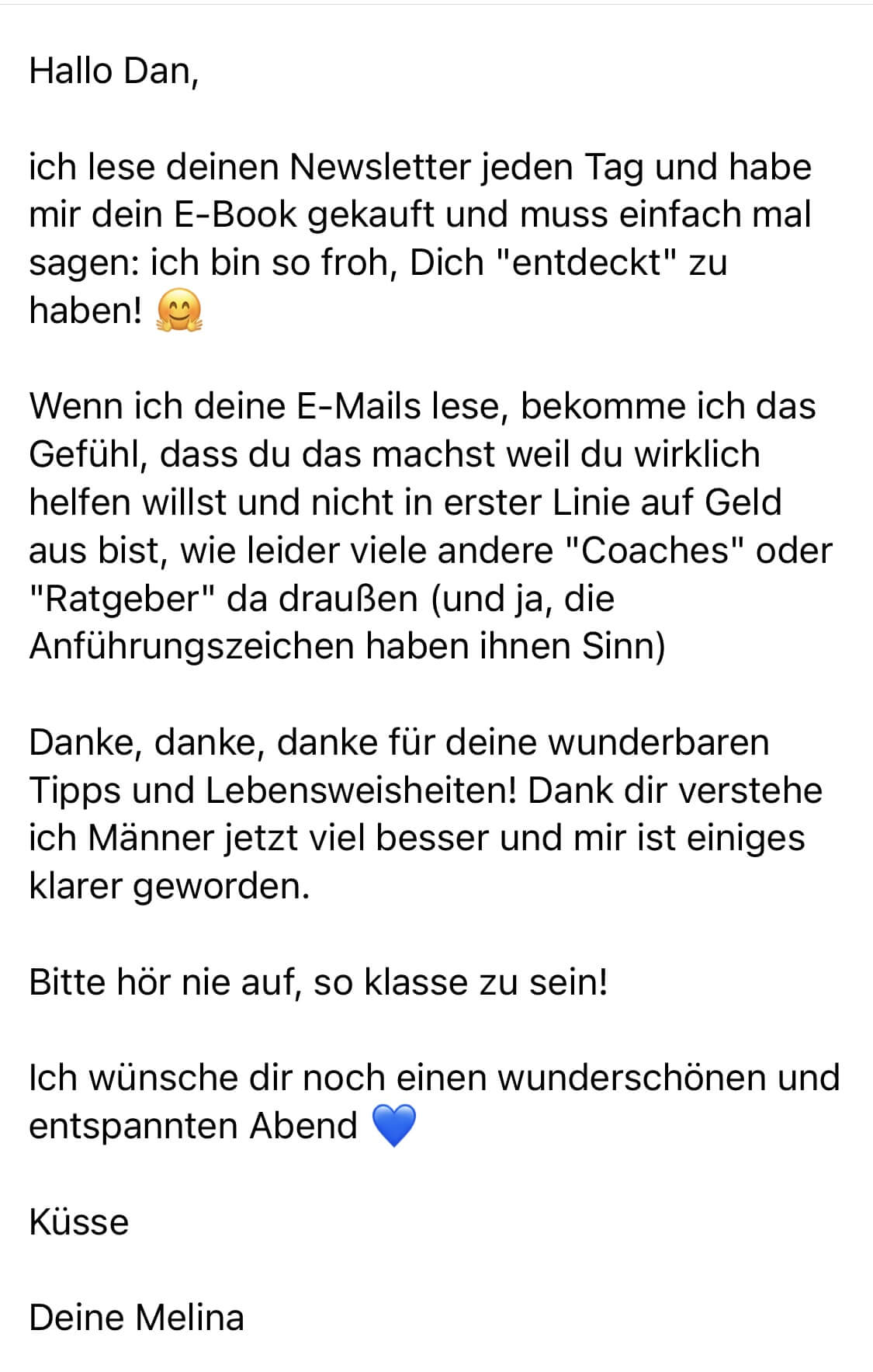 Ausführliche Kundenbewertung von Melina lobt E-Book, Newsletter und hilfreiches Verständnis für Männer