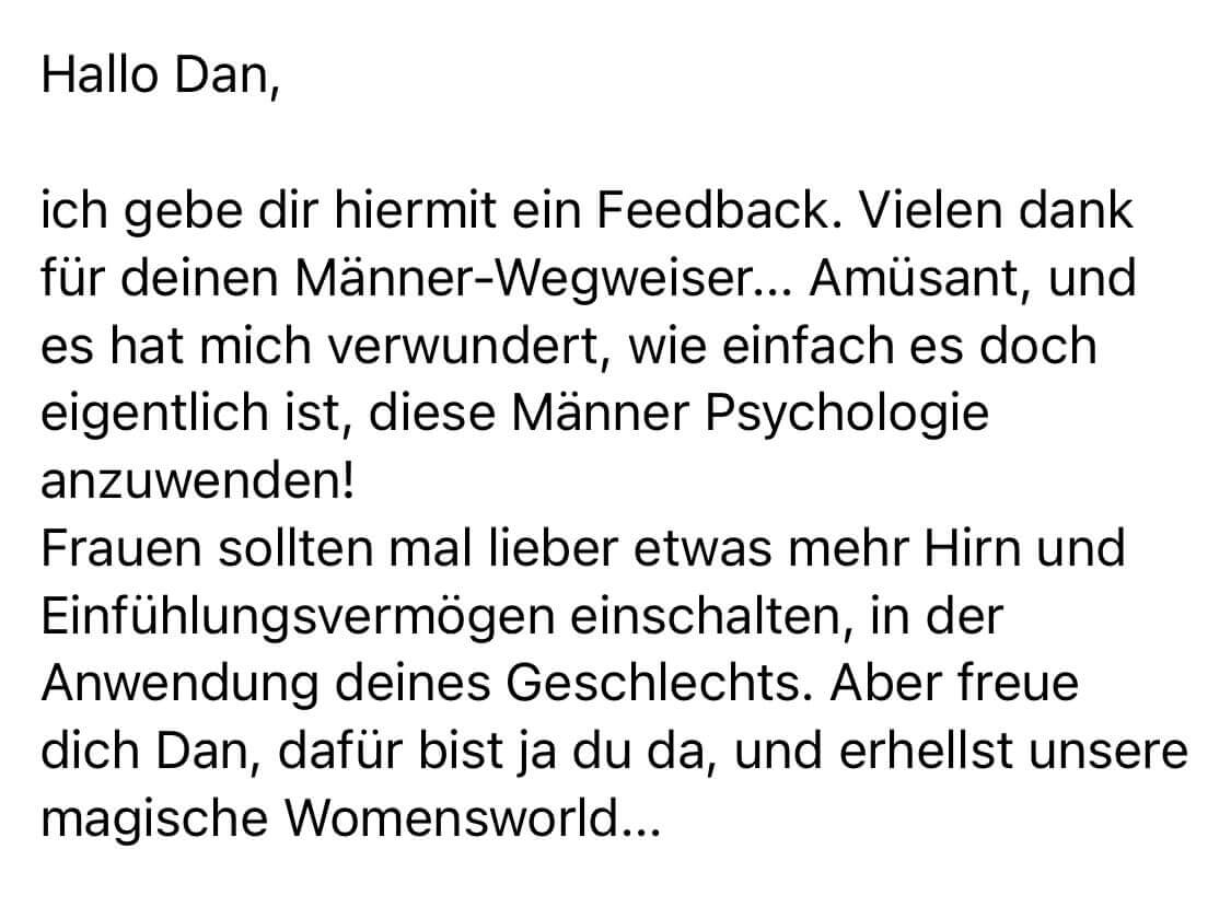 Kundenfeedback von einer Frau über Dan Herzogs Männer-Wegweiser und Heldeninstinkt-Konzept