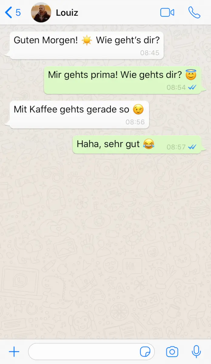WhatsApp-Nachrichtenverlauf Beispiel - Positive und humorvolle Kurznachrichten mit Emoji