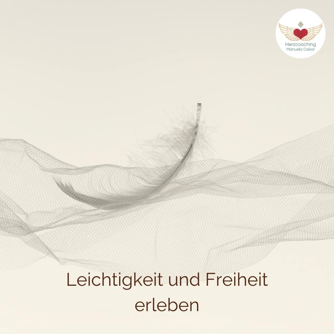Abstrakte Feder auf beigem Hintergrund, Text Leichtigkeit und Freiheit erleben