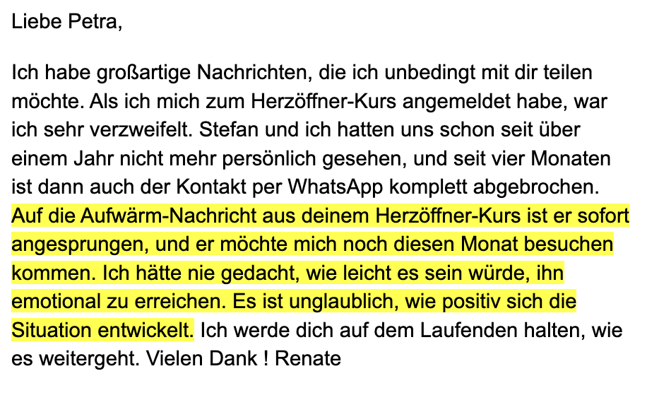 E-Mail von Renate: Erfolgsgeschichte - Wiederverbindung nach Herzöffner-Kurs