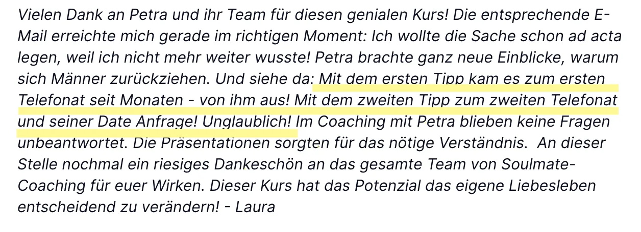 Kundenstimme von Laura: Testimonial zum Herzöffner-Kurs ohne Erwähnung von Live Coaching