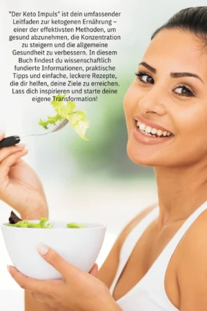 Rückseite Des Keto Impuls eBooks mit Frau beim Salat essen und Produktbeschreibung