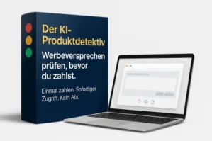 Der KI-Produktdetektiv Bundle mit dunkelblauem Produktkarton und Laptop-Mockup