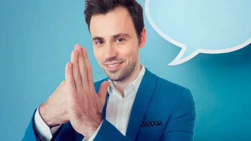 Schlagfertigkeit Kurs - Mann in blauem Anzug mit Sprechblase und Stop-Geste
