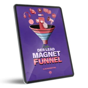 Tablet-Mockup des E-Books Der Lead Magnet Funnel von Ilias Marketing mit Funnel-Grafik und Marketing-Icons