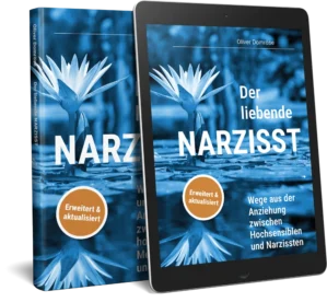 Der liebende Narzisst – Buchcover und Tablet-Mockup mit blauer Wasserlilien-Blüte
