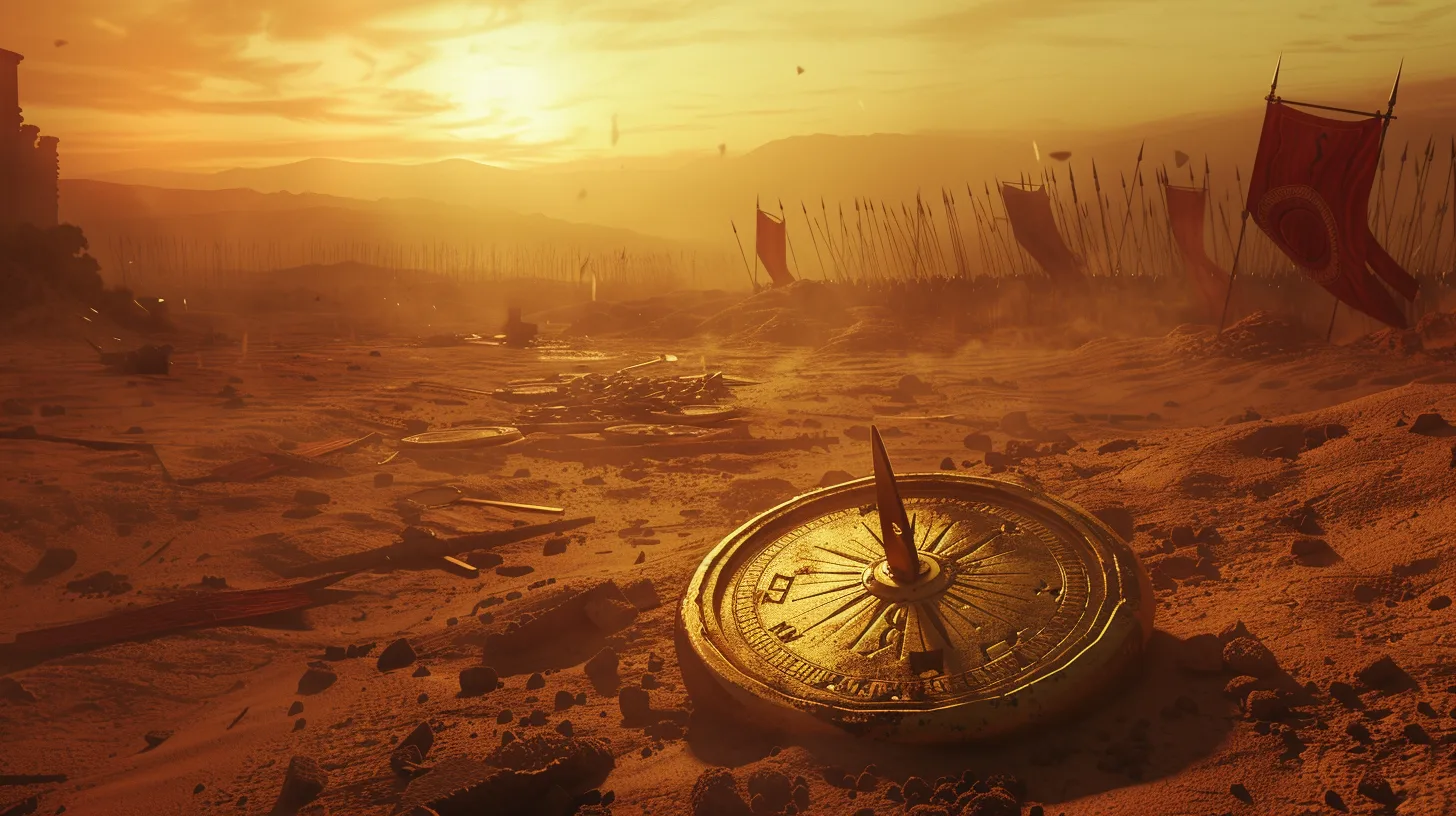 Goldener Kompass auf Wüstensand bei Sonnenuntergang, antike Segelschiffe im Hintergrund