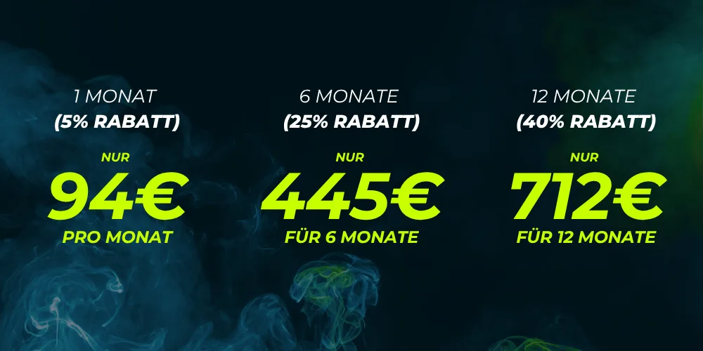 Black Friday Banner mit Abonnement-Preisen: 1 Monat 94€, 6 Monate 445€, 12 Monate 712€ mit Rabatten bis 40%