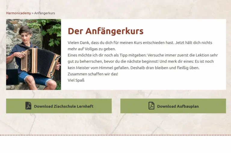 Screenshot Der Anfängerkurs mit Autor Manuel Merler, Download-Buttons und Kurstext