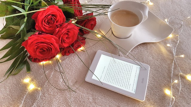 E-Reader neben roten Rosen, Kaffee und Lichterkette auf grauem Tuch