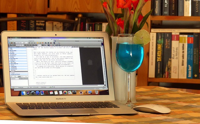 MacBook Air mit Text-Dokument, Blume in Vase, Bücherregal und Maus im Hintergrund