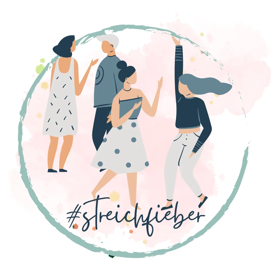Illustration von vier Frauen in Kreis mit #streichfieber Schriftzug, pastell Farben, Community-Feeling