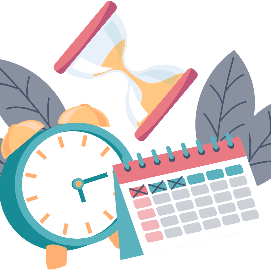 Illustration mit Uhr, Kalender, Pinseln und Blättern in Pastellfarben mit orangem und türkisem Akzent