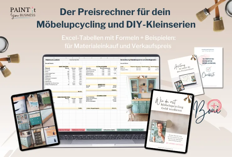Preisrechner-Mockup mit Excel-Tabellen, Möbel-Upcycling-Projekten auf Tablet und Laptop, Pinsel und Farbtöpfe