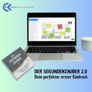 Produktmockup Der Sekundenzauber 2.0 mit Laptop, Produktbox und Kaffeetasse auf Farbverlauf-Hintergrund