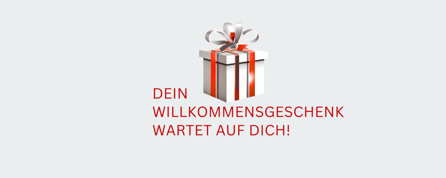 Willkommensgeschenk Grafik mit rot-weißer Geschenkbox auf hellem Hintergrund