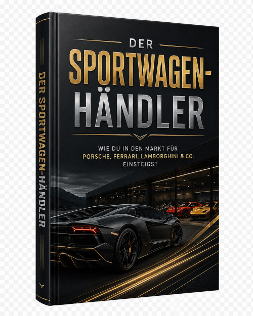 Der Sportwagen-Händler E-Book Cover mit schwarzem Leder-Design, Luxusauto und Gold-Details