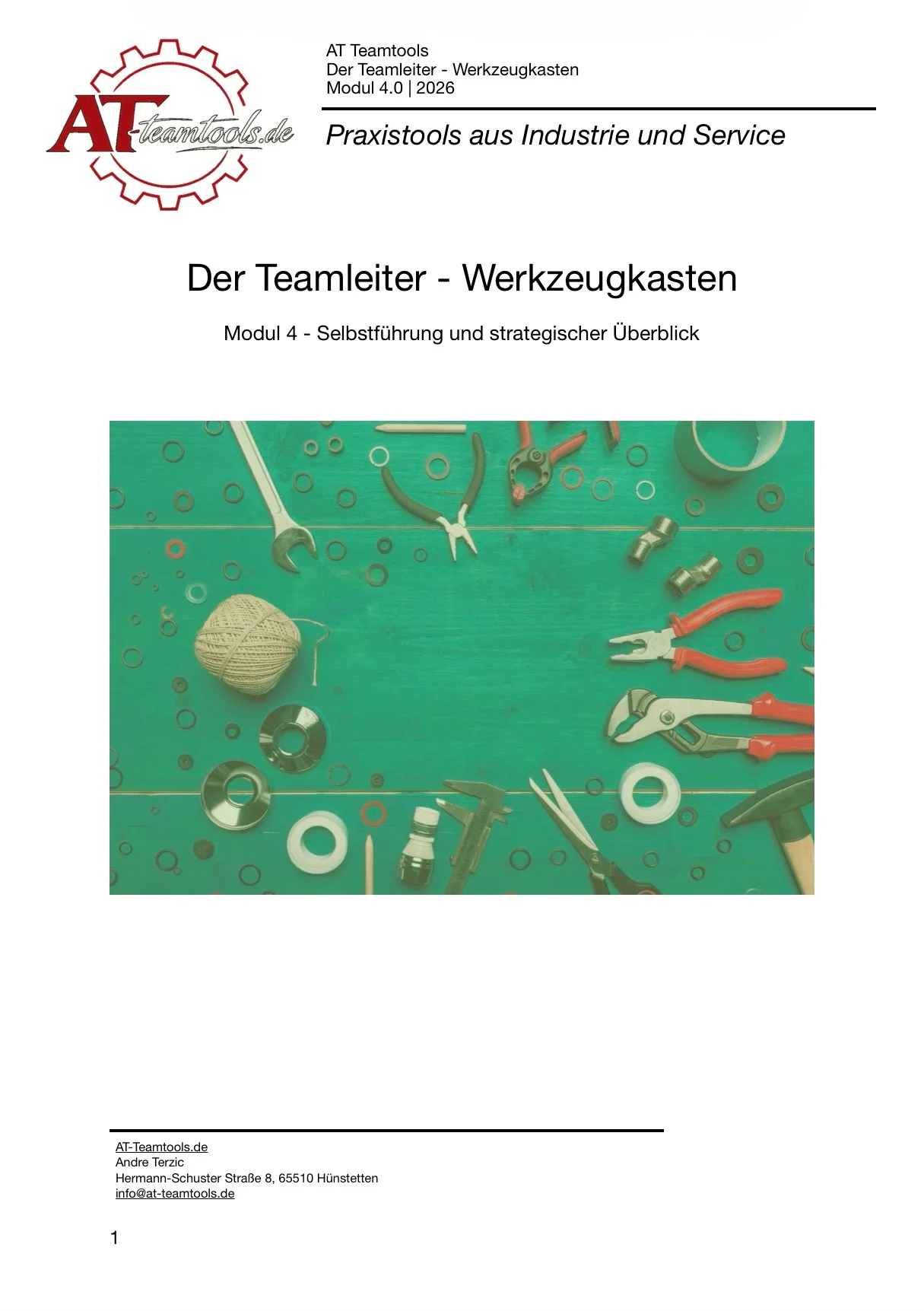 Der Teamleiter PDF Werkzeugkasten 4 Modul 4.0 Titelseite mit Werkzeugen auf grünem Hintergrund