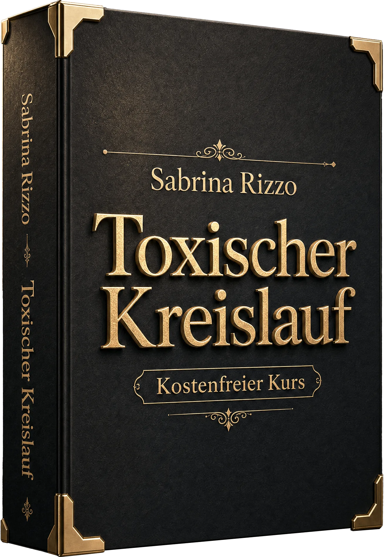 Buchcover Der toxische Kreislauf von Sabrina Rizzo, kostenfreier Kurs, schwarzes Buch mit Goldprägung