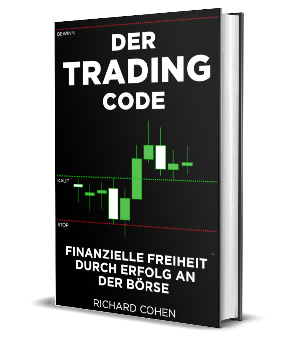 3D-Buchcover Der Trading Code mit Candlestick-Chart und Kaufs-/Stoppmarkierungen