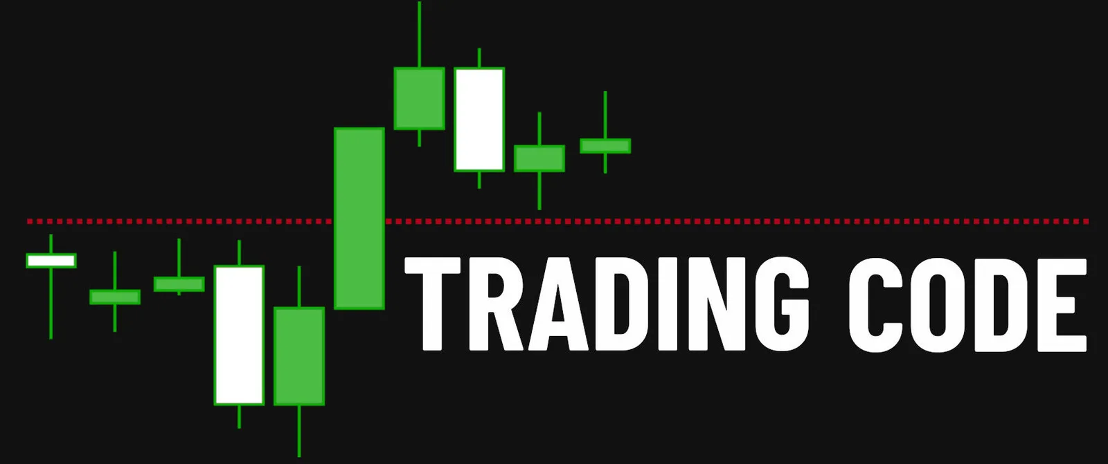 Trading Code Hero-Banner mit Candlestick-Grafik und roter Trendlinie auf schwarzem Hintergrund