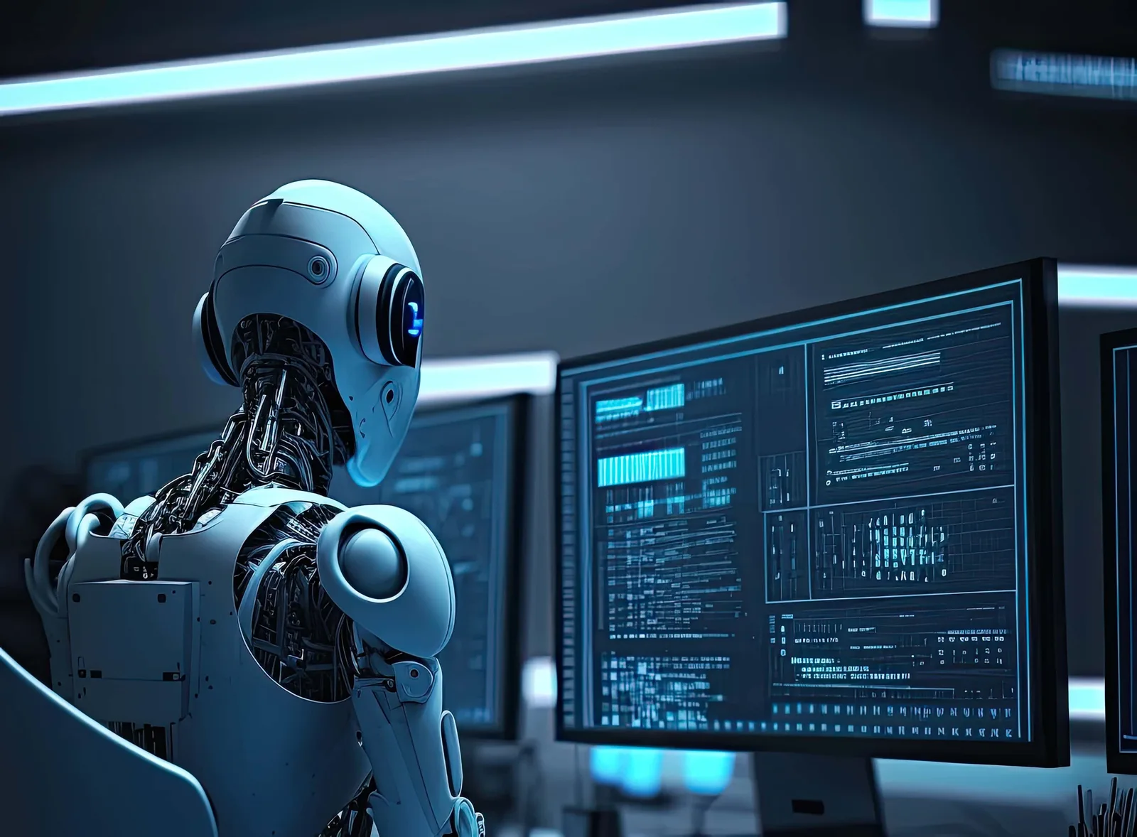 Roboter mit Kopfhörern vor Computer-Monitoren mit Code und Daten