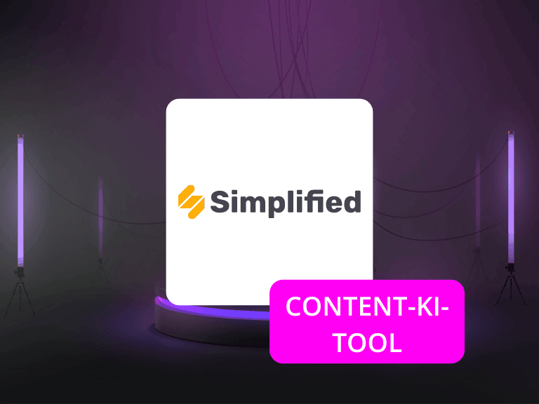 Simplified Logo auf weißem Display mit pink-violettem Neon-Licht